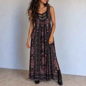 Free People Black Paisley Maxi Dress Lace Inset Size 0 Boho Festival